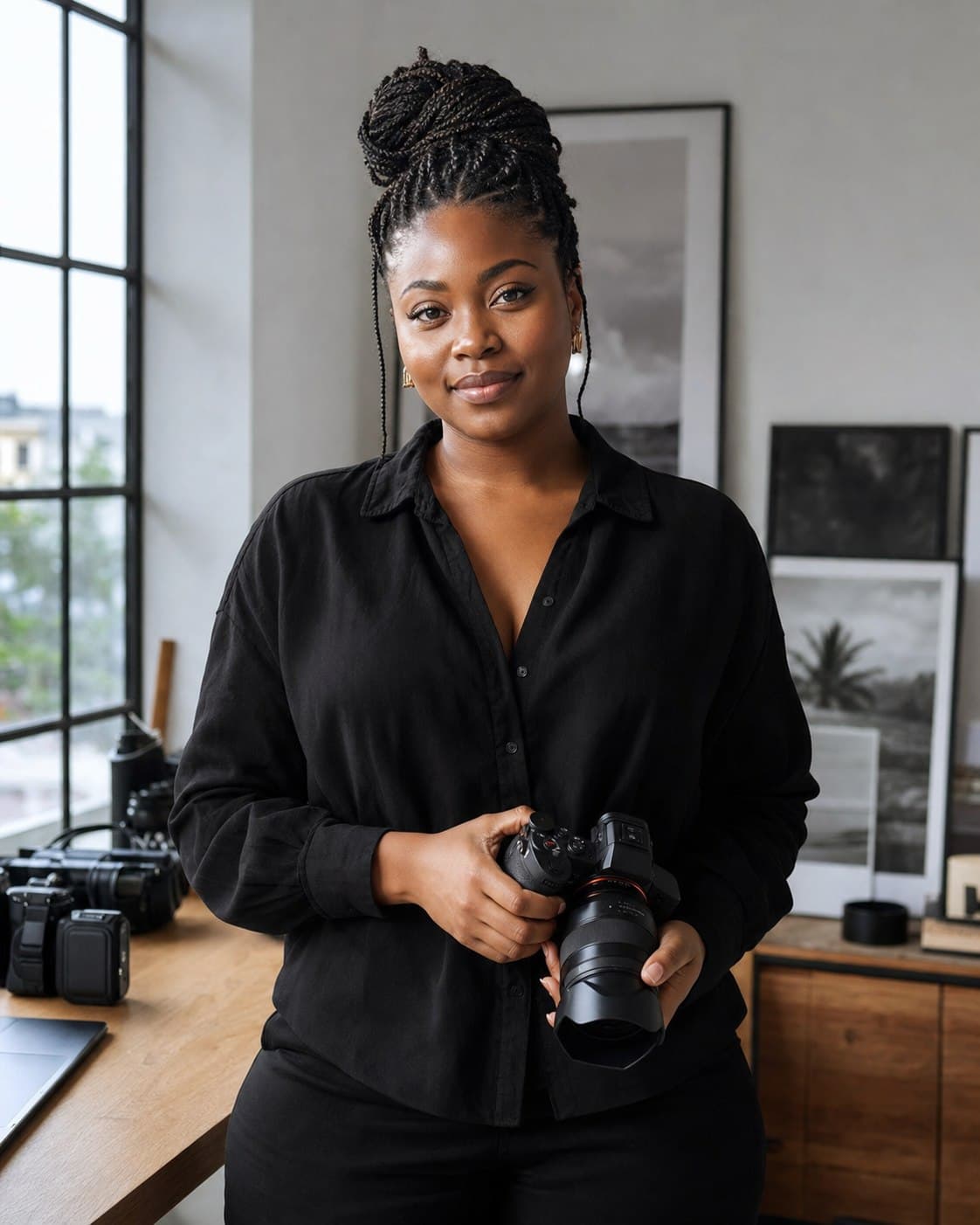 Chidinma Eze holding her camera in her Lagos studio